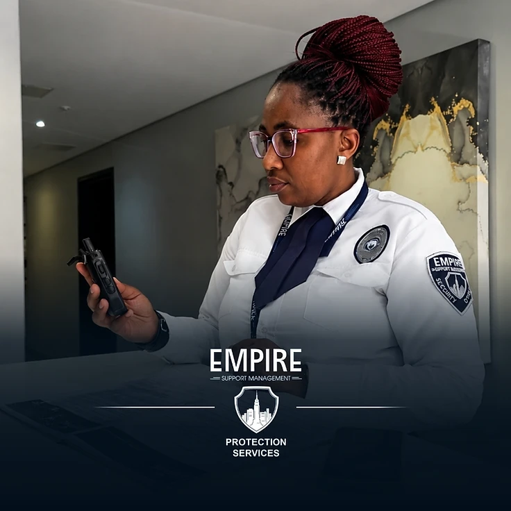 Empire security officer in uniform with radio at a commercial property in Cape Town