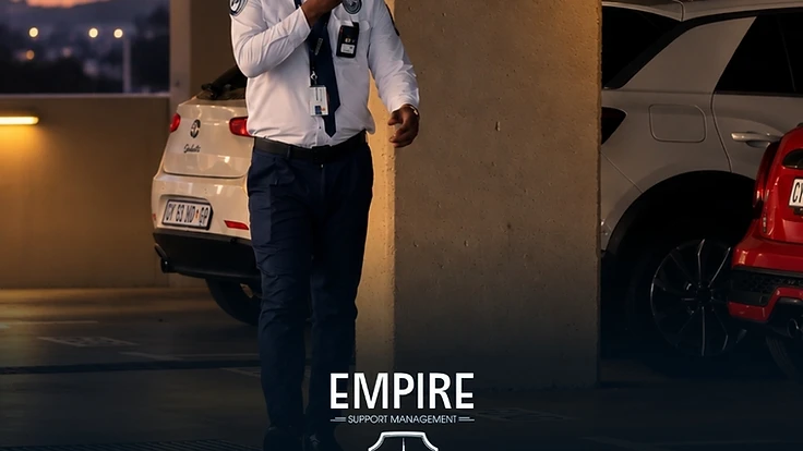 Empire security officer on patrol in a parking garage, reporting by radio at sunset
