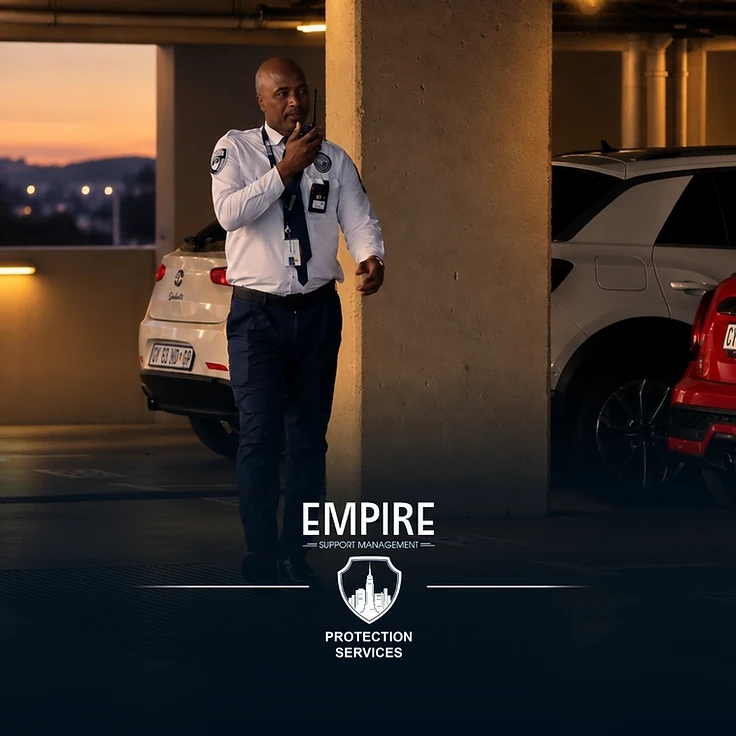 Empire security officer on patrol in a parking garage, reporting by radio at sunset
