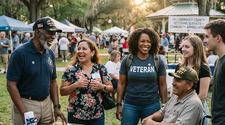 A diverse group of veterans, including older veterans, women veterans, and a veteran using a wheelchair, connecting with community members at a welcoming outdoor gathering in Hillsborough County.