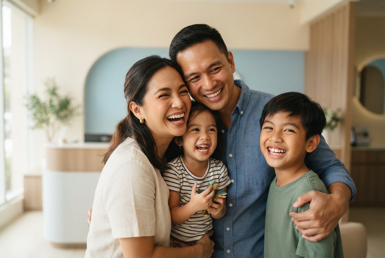 A happy family smiling after their LumiSmile visit