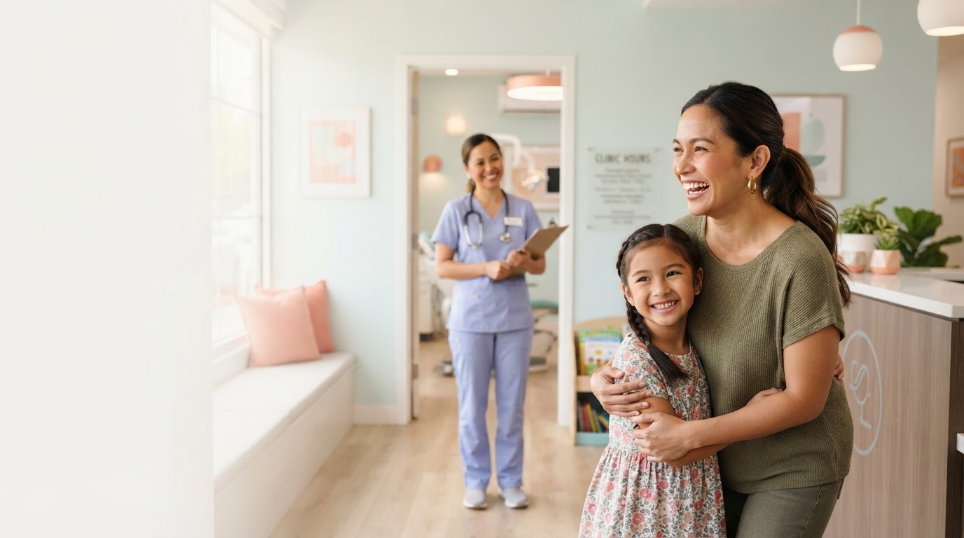 Mother and daughter welcomed by a friendly LumiSmile dentist