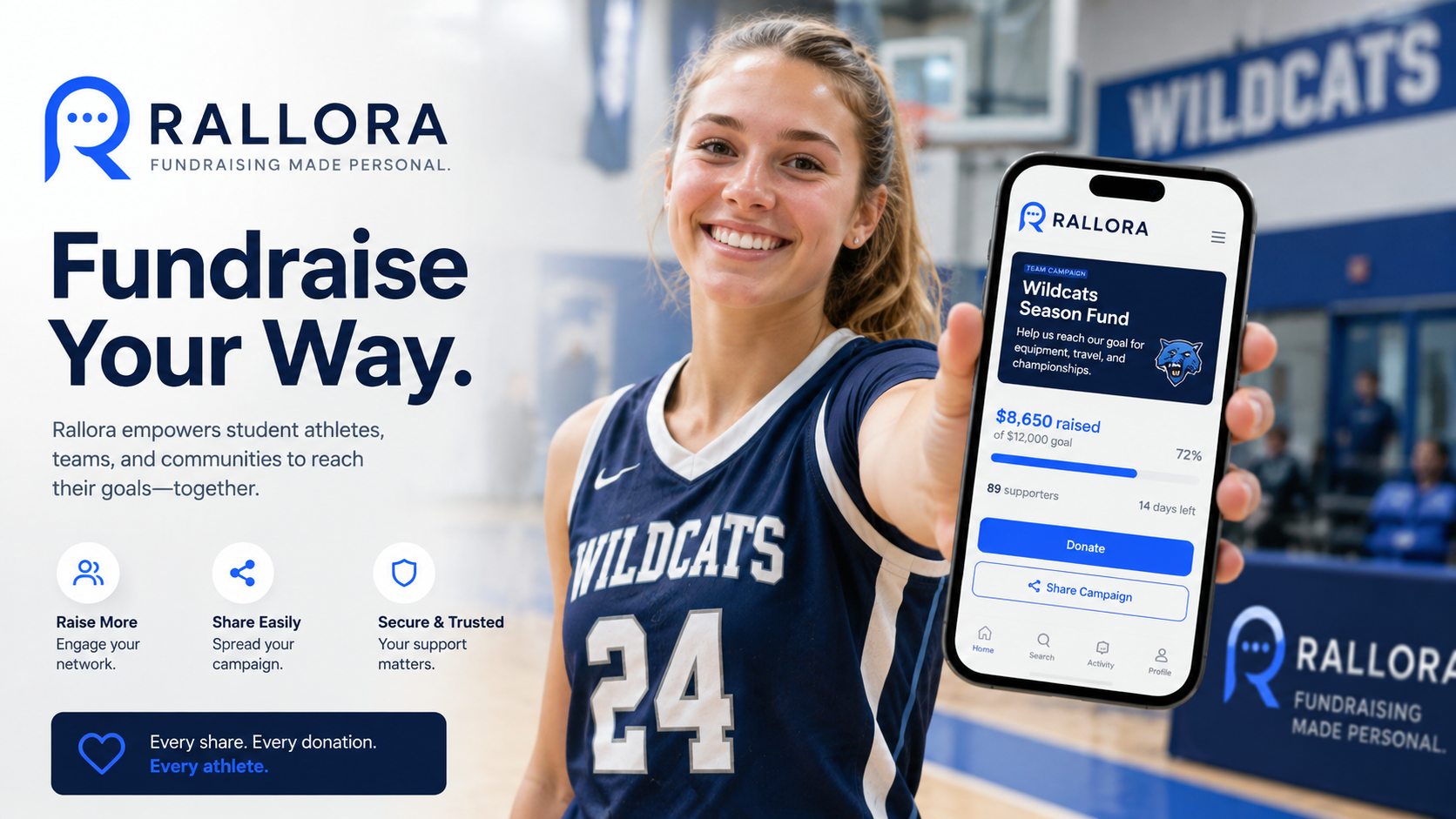 Student athlete using Rallora on a phone to fundraise