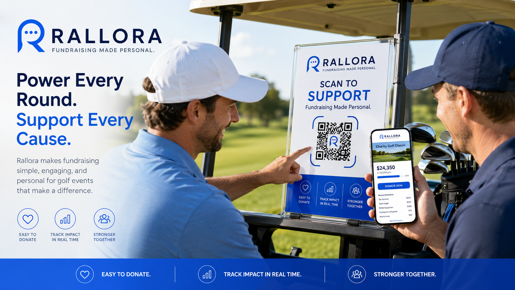 Golf event fundraising with a Rallora scan-to-support sign on a cart