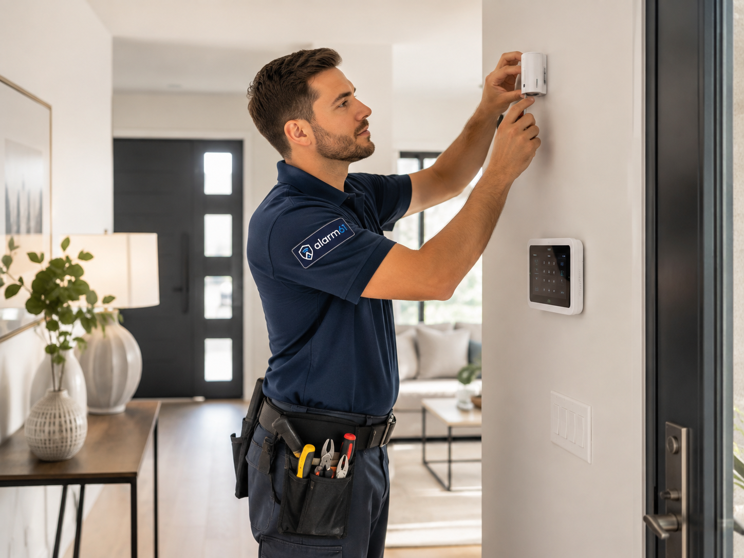 Instalador ALARMA 61 montando un sensor en la pared