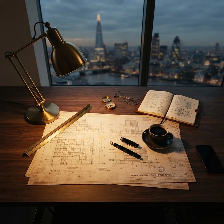 An executive desk with architectural blueprints and warm lamp light