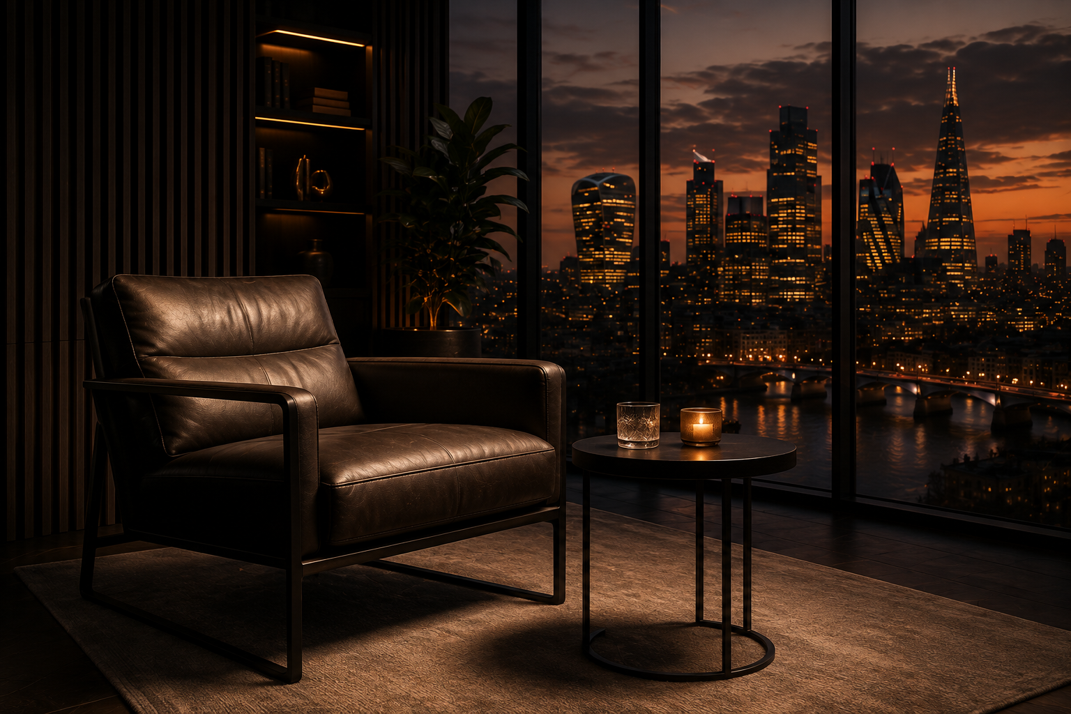 Private lounge overlooking the London skyline at dusk