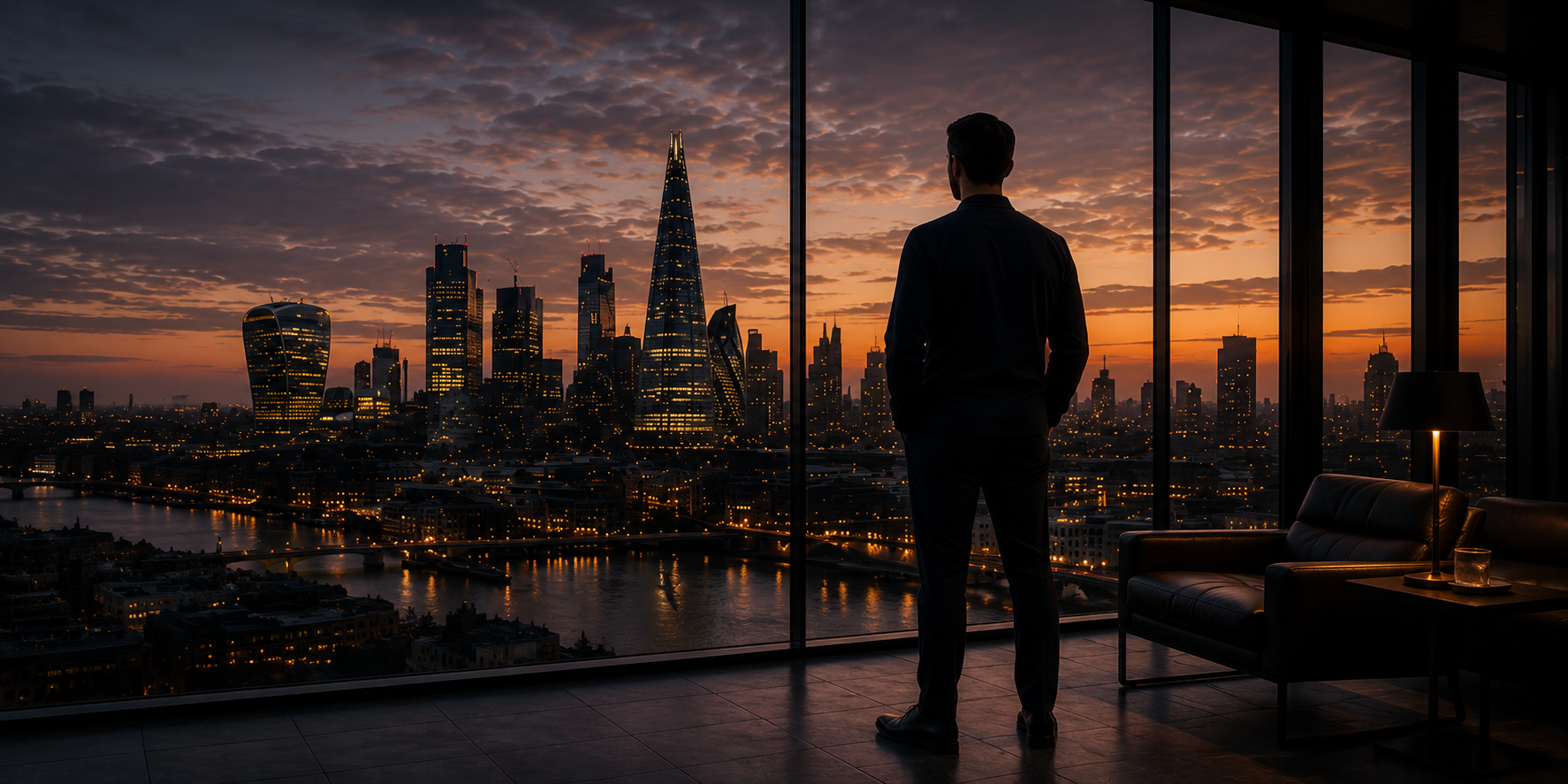 Executive overlooking the London skyline at dusk