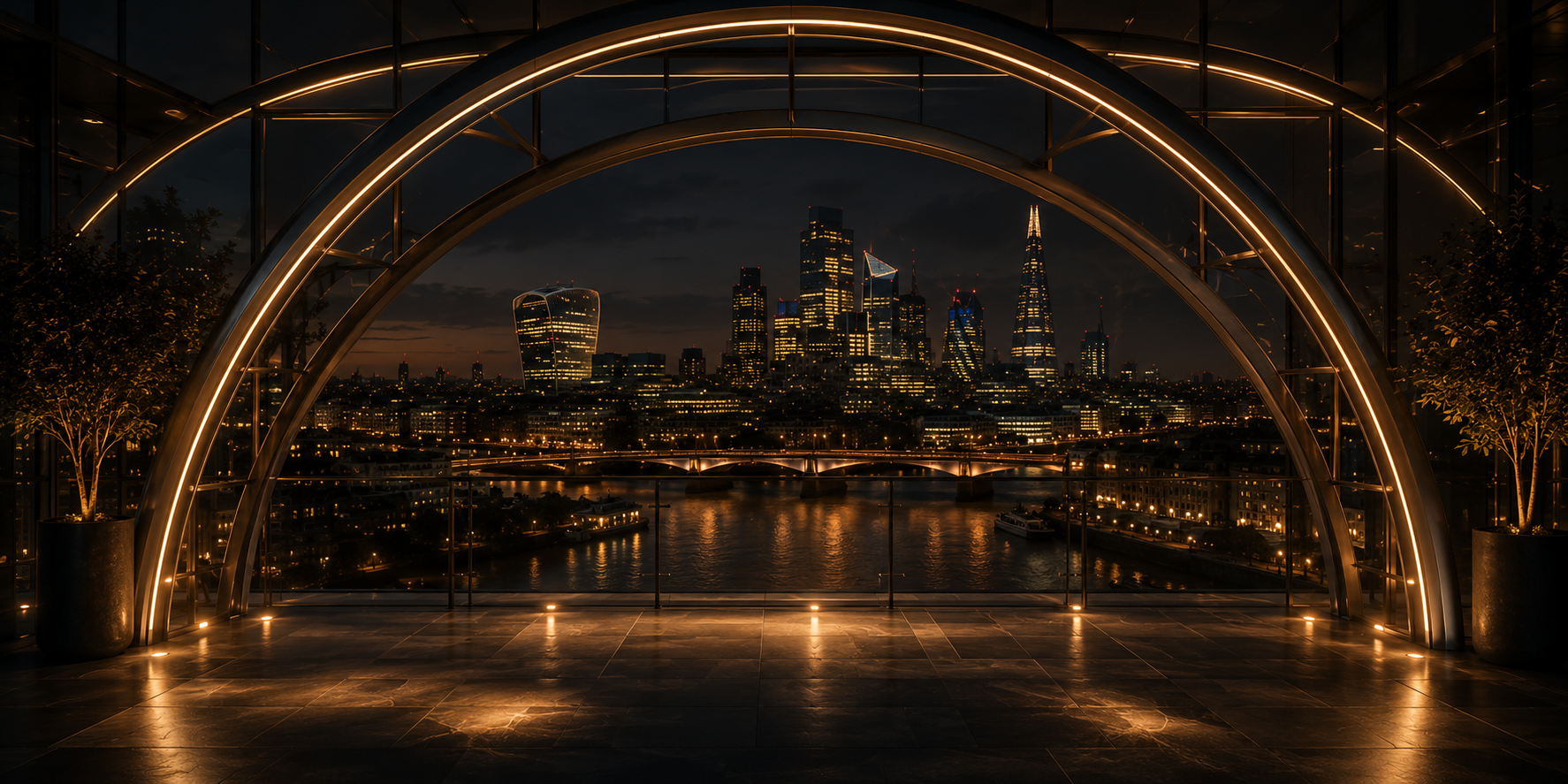 London skyline at night from an elevated terrace