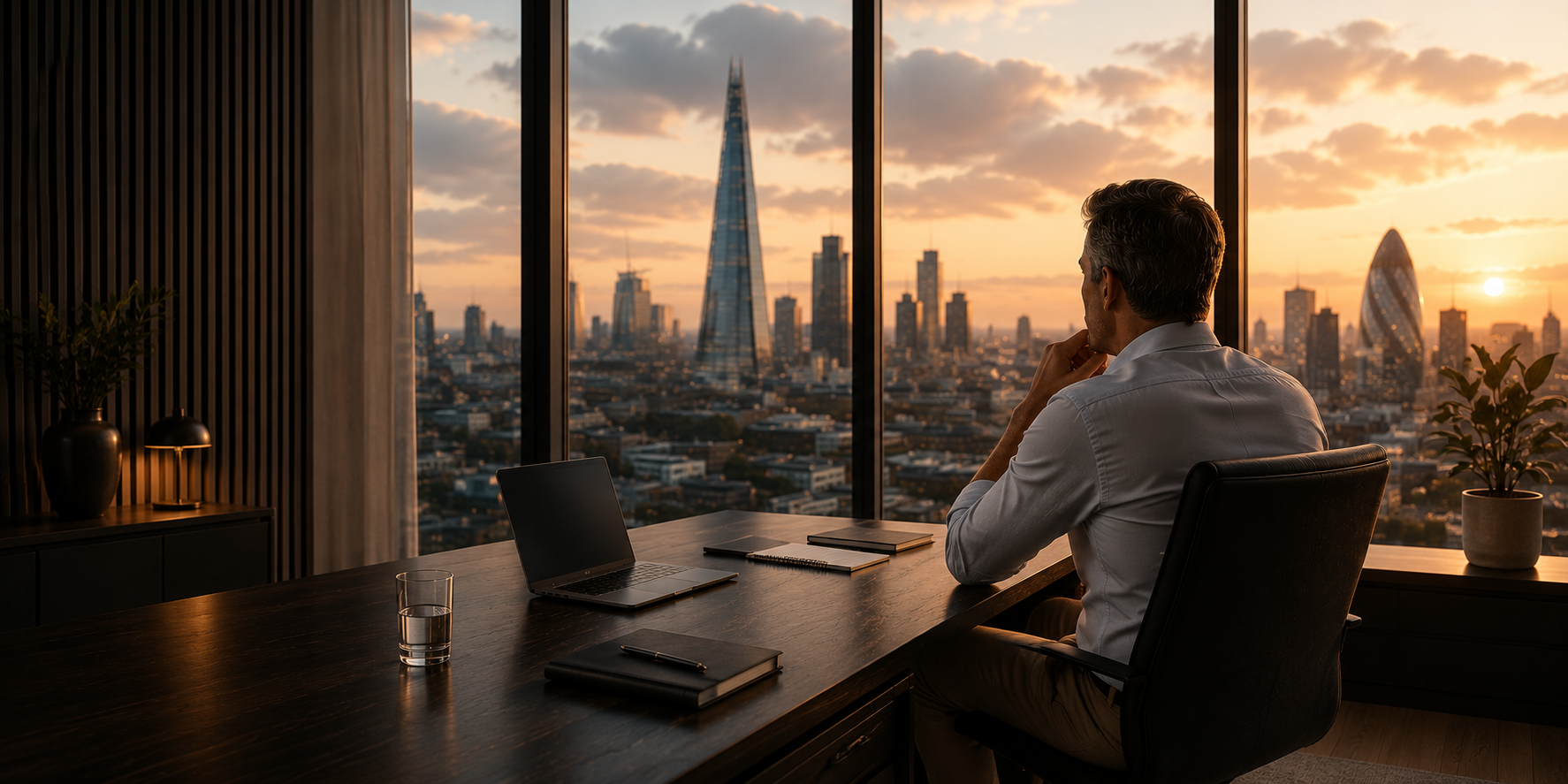 A recruitment leader looks out over the London skyline at dusk