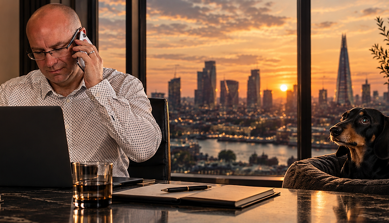 Richard at his desk with Milo at sunset
