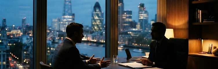 Two professionals in a private consultation, London skyline at dusk
