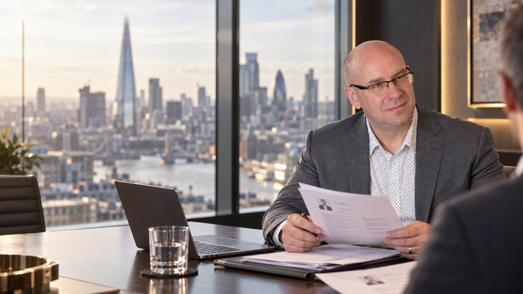 Richard presenting candidate profiles in a London boardroom