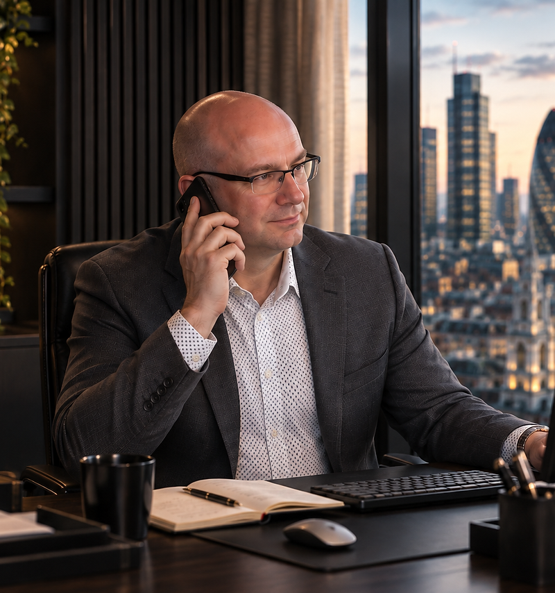 Richard at his desk, London skyline at dusk