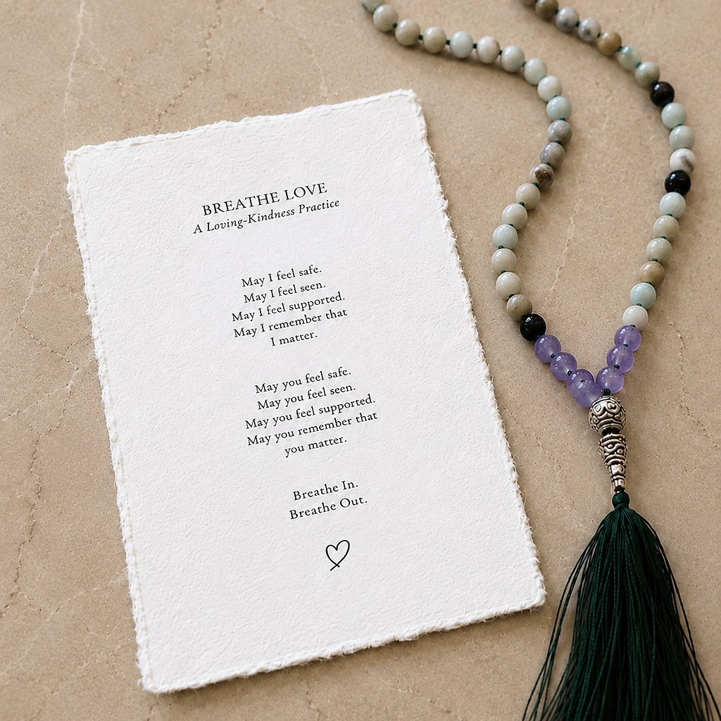 A pair of hands writing on a cream textured card at a wooden table in soft window light.
