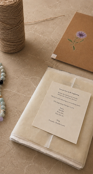An open Breathe Love package holding cream textured cards tied with brown twine beside cream envelopes in warm window light.