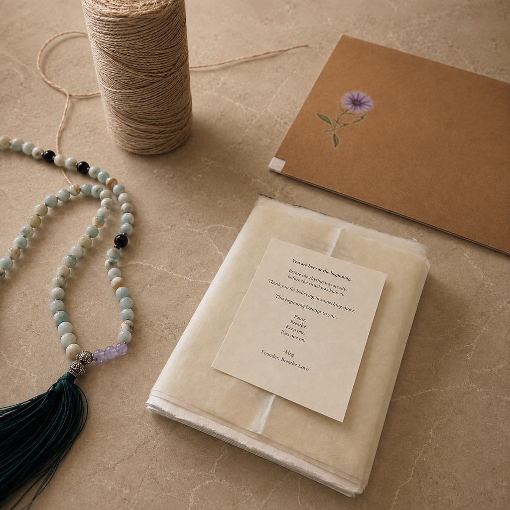 An open Breathe Love package holding cream textured cards tied with brown twine beside cream envelopes in warm window light.