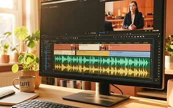 Video editing timeline and audio waveforms in legal post-production