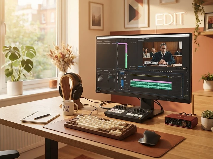 Sunlit professional video editing workspace