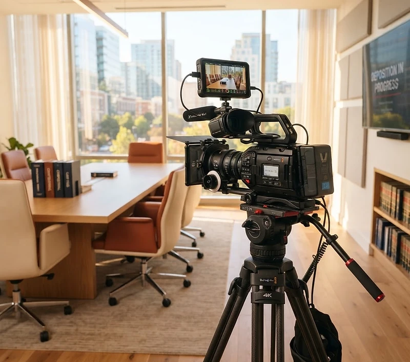 Professional legal videography setup in a sunlit law office