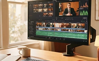 Video editing timeline preparing a settlement brochure video