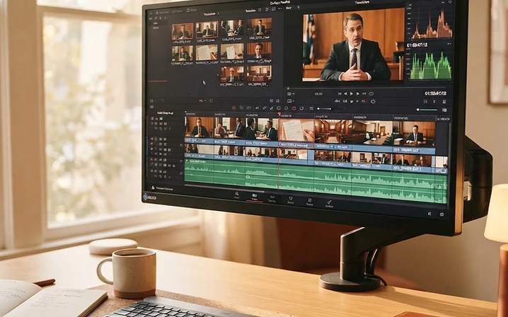 Video editing timeline preparing a settlement brochure video