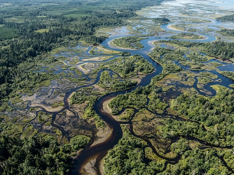 Vue aérienne d'un delta fluvial rencontrant une forêt