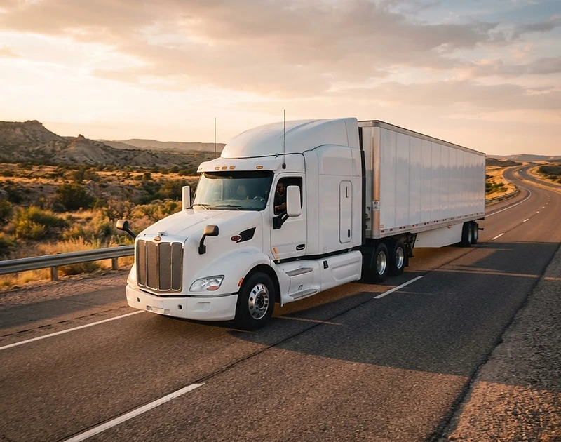Class 8 semi truck on an open highway at golden hour