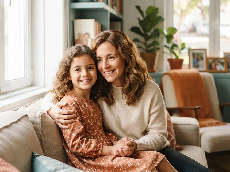 Mãe e filha sorriem tranquilamente em casa