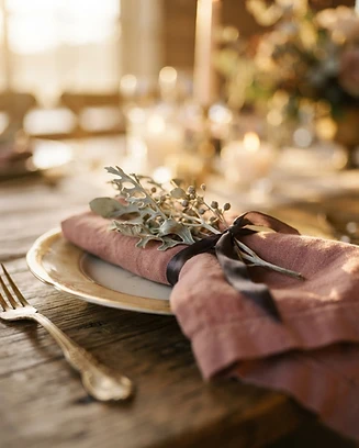 Detalhe de mesa de casamento com luz dourada
