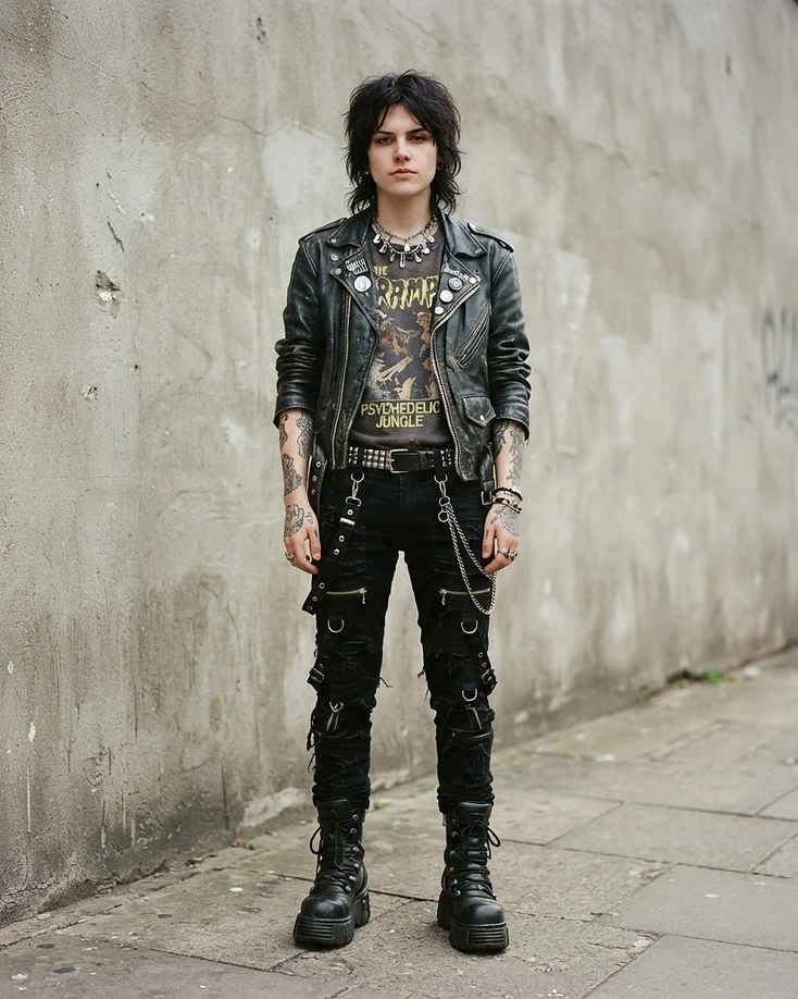 Street-style alternative fashion subject wearing a leather jacket, vintage tee, bondage pants, platform boots and safety-pin jewelry