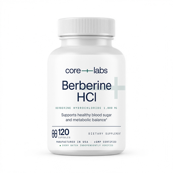 CoreLabs Berberine HCl bottle front, berberine hydrochloride 1,000 mg per serving, 120 capsules, two capsules per serving
