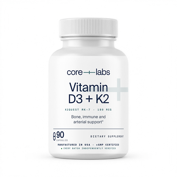 CoreLabs Vitamin D3 + K2 bottle front, K2Quest MK-7 180 mcg, 90 capsules