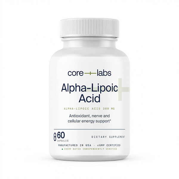 CoreLabs Alpha-Lipoic Acid bottle front, 300 mg, 60 capsules
