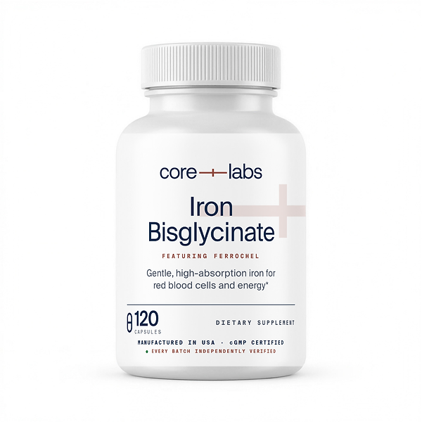 CoreLabs Iron Bisglycinate bottle front, 120 capsules, 27 mg elemental iron as Ferrochel