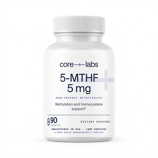 CoreLabs 5-MTHF 5 mg bottle front, high-potency methylfolate, 90 capsules