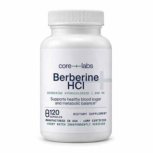 CoreLabs Berberine HCl bottle front, berberine hydrochloride 1,000 mg per serving, 120 capsules, two capsules per serving