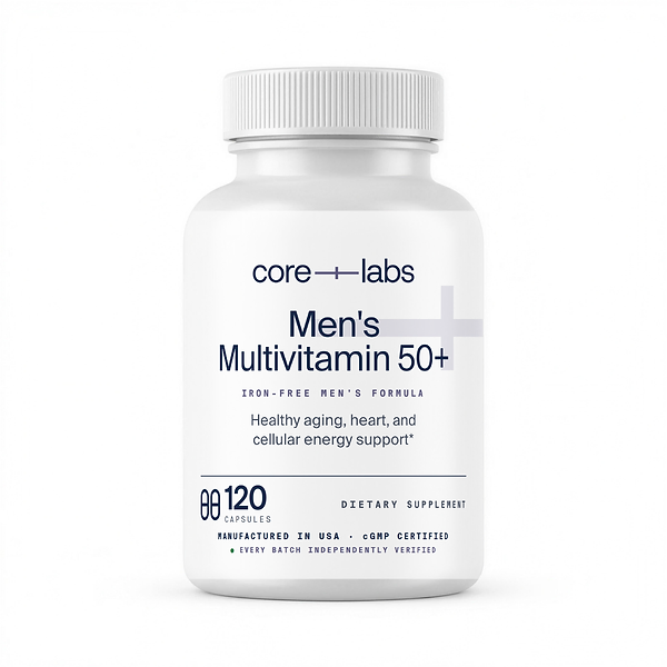 CoreLabs Men's Multivitamin 50+ bottle front, 120 capsules, iron-free, two capsules per serving
