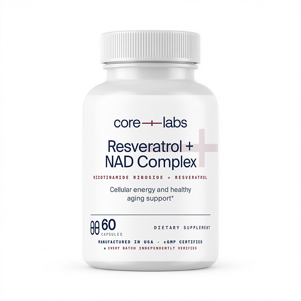 CoreLabs Resveratrol + NAD Complex bottle front, nicotinamide riboside and resveratrol, 60 capsules, two capsules per serving