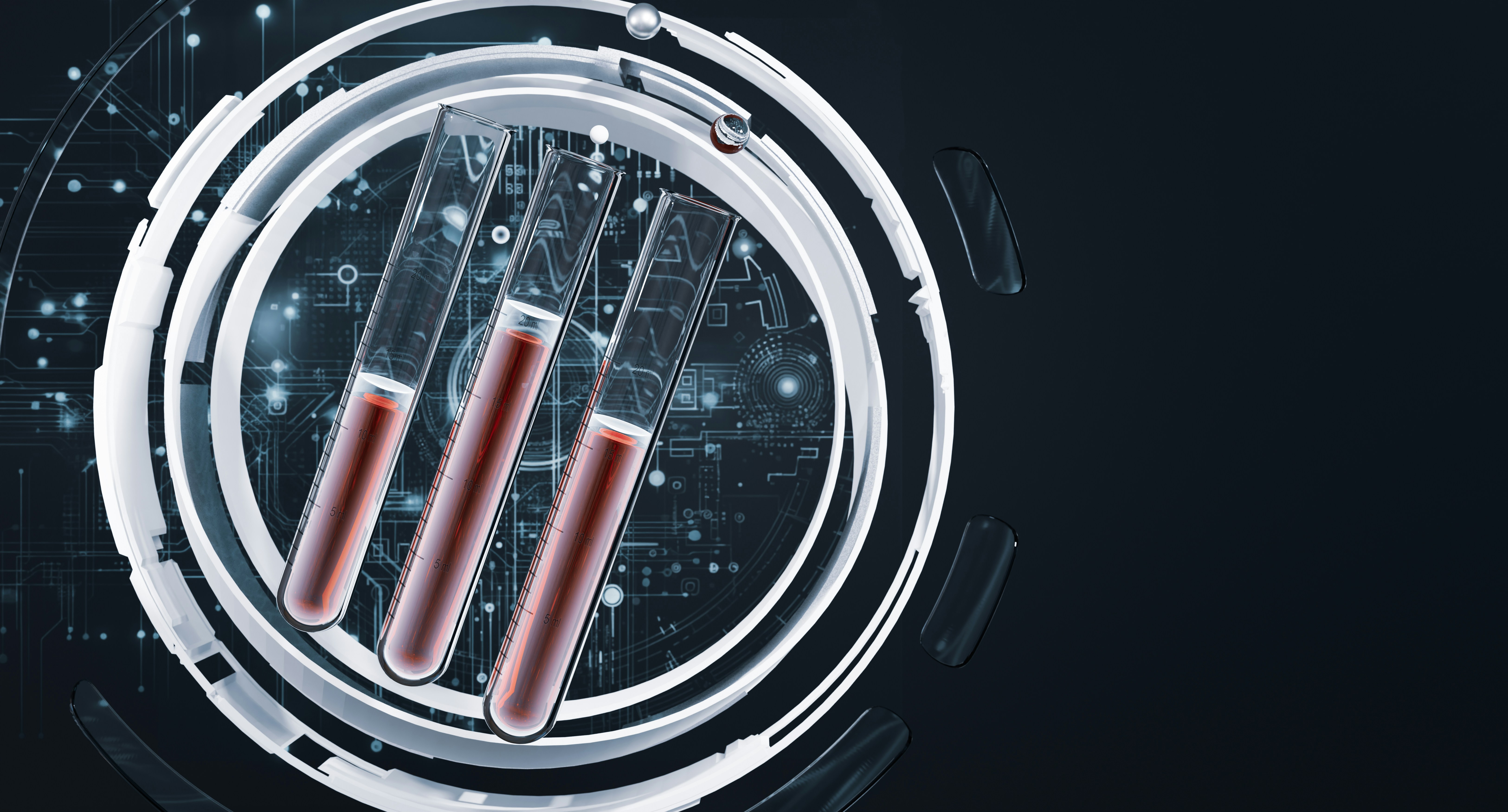 Three clear laboratory test tubes filled with a reddish-brown liquid arranged diagonally, framed by white concentric 3D rings against a dark background with a faint circuit-board pattern