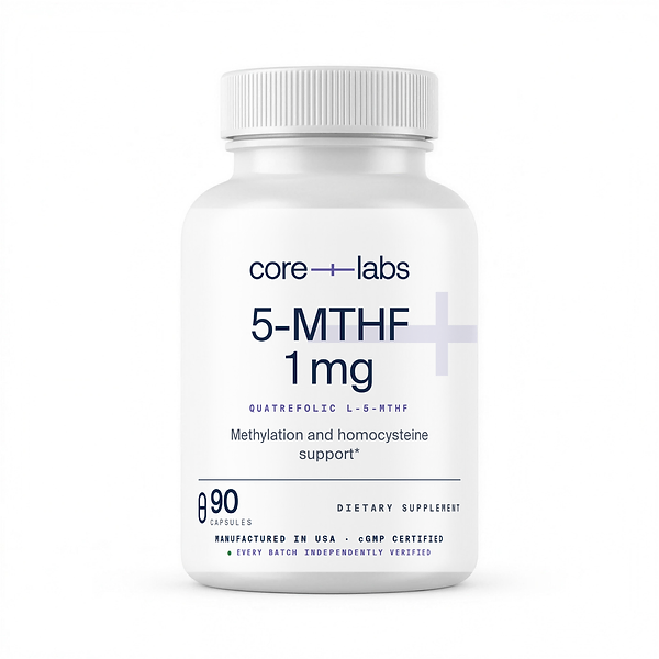 CoreLabs 5-MTHF 1 mg bottle front, Quatrefolic L-5-MTHF, 90 capsules
