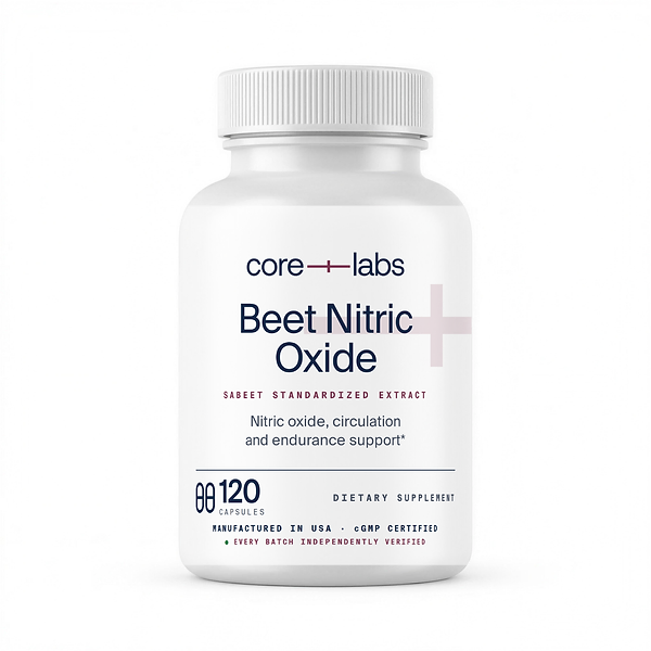 CoreLabs Beet Nitric Oxide bottle front, SABEET standardized extract, 120 capsules, two capsules per serving