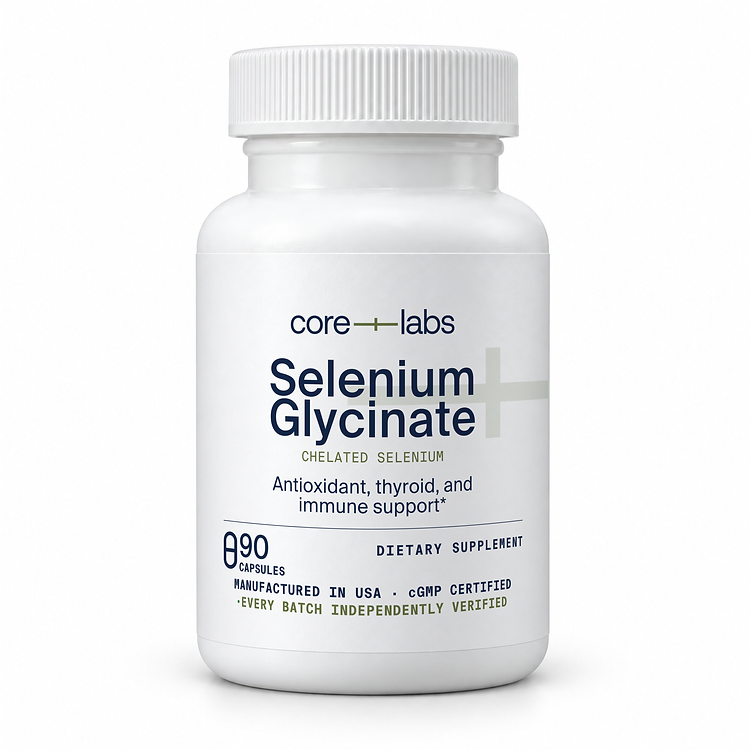 CoreLabs Selenium Glycinate bottle front, chelated selenium, 90 capsules