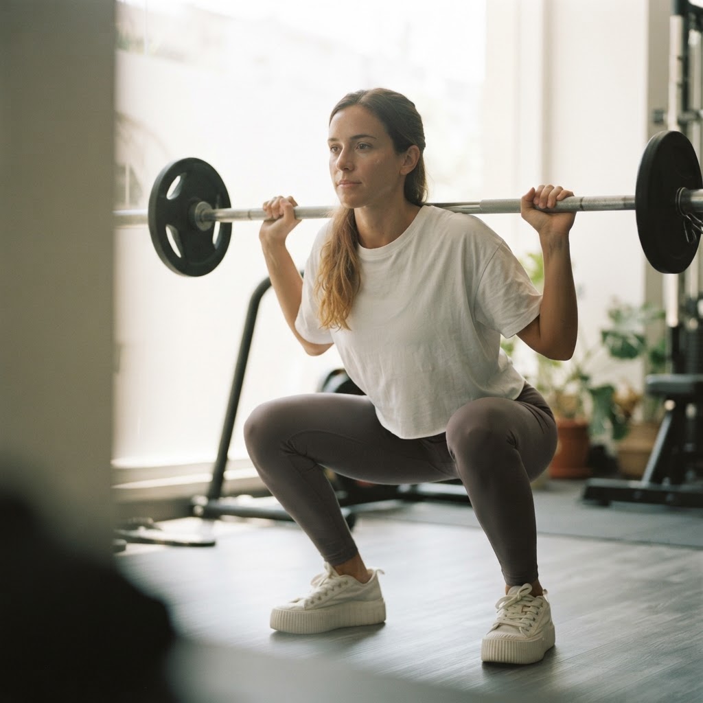A woman in athletic wear doing a barbell squat in a sunlit gym, focused expression, weights visible in the background