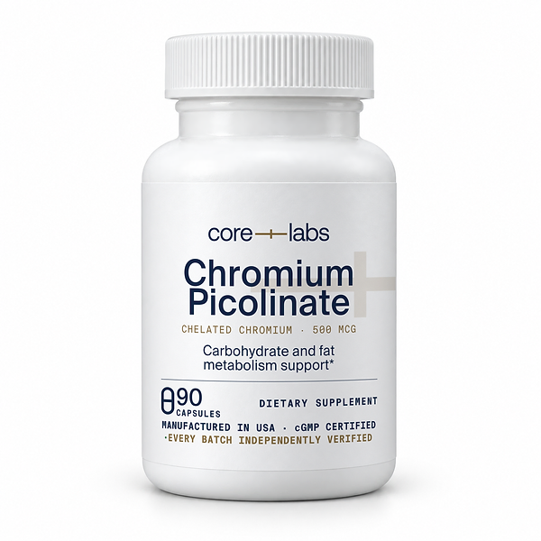 CoreLabs Chromium Picolinate bottle front, chelated chromium 500 mcg, 90 capsules