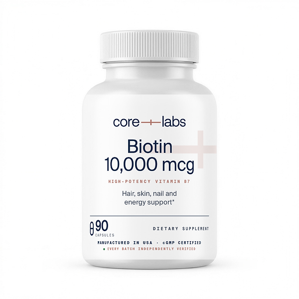CoreLabs Biotin 10,000 mcg bottle front, 90 capsules
