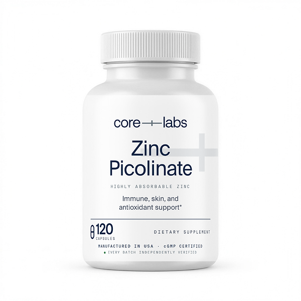 CoreLabs Zinc Picolinate bottle front, zinc 15 mg as zinc picolinate, 120 capsules