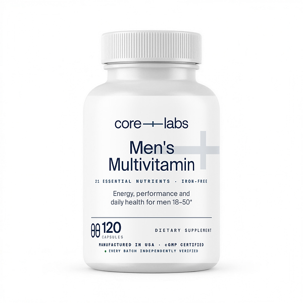 CoreLabs Men's Multivitamin 18-50 bottle front, 21 essential nutrients, iron-free, 120 capsules, two capsules per serving