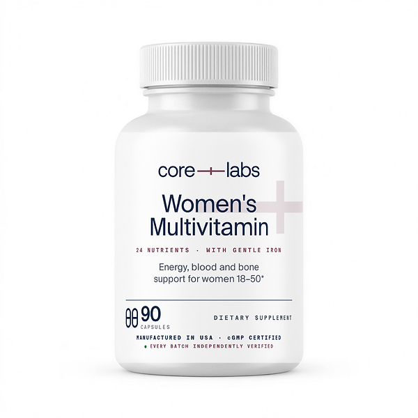 CoreLabs Women's Multivitamin 18-50 bottle front, 24 nutrients with gentle chelated iron, 90 capsules, two capsules per serving