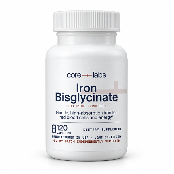 CoreLabs Iron Bisglycinate bottle front, 120 capsules, 27 mg elemental iron as Ferrochel